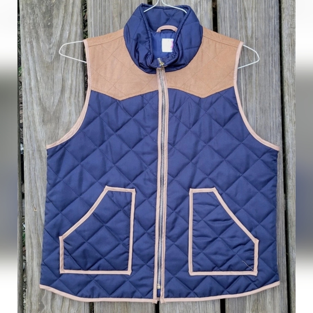 Stylish Quilted Vest Nylon And Faux Suede Navy and Tan Vest Pink Lily Large